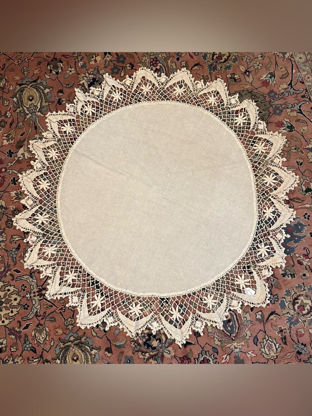 Antique Linen and Crochet Lace Round Tablecloth - Cream